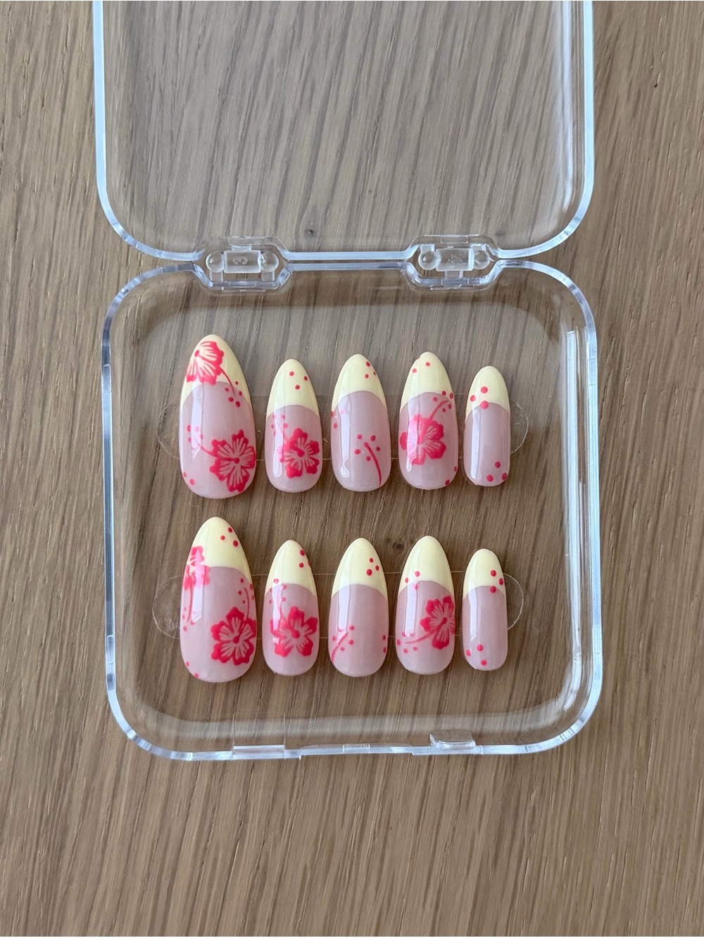 Yellow french tip with pink hibiscus flower acrylic glue-on nails